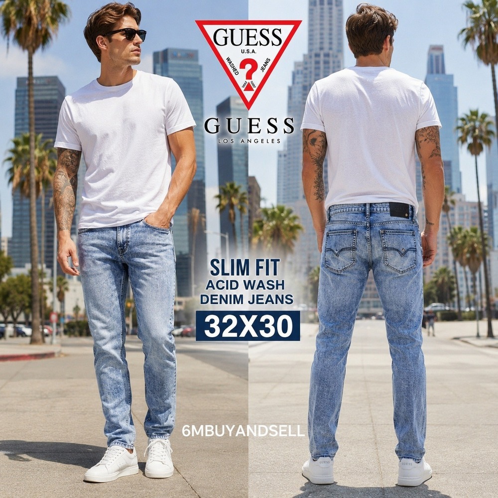 Guess Slim Fit Acid Wash Denim Jeans Mens 33x30 Light Blue X2O147D4L60